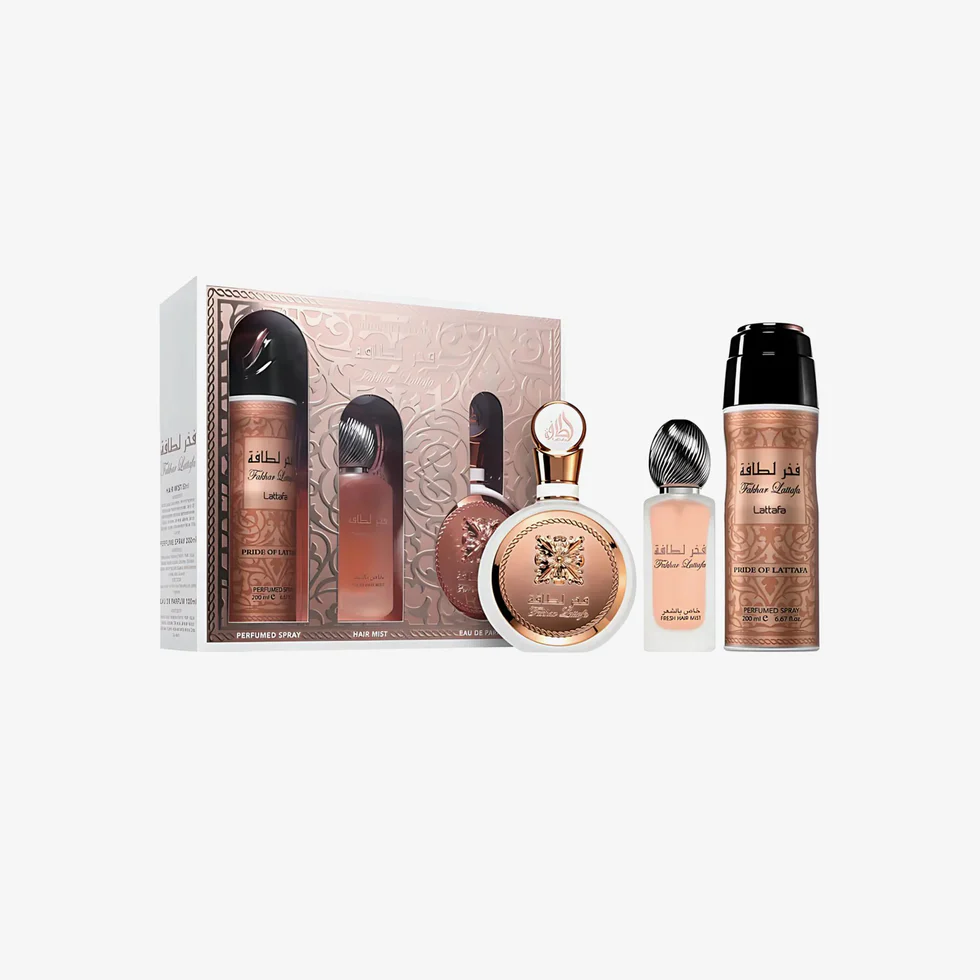 Lattafa Set cadou Fakhar Woman, Lattafa, apă de parfum 100 ml + parfum de păr 50 ml + spray deodorant 200 ml, femei [2]