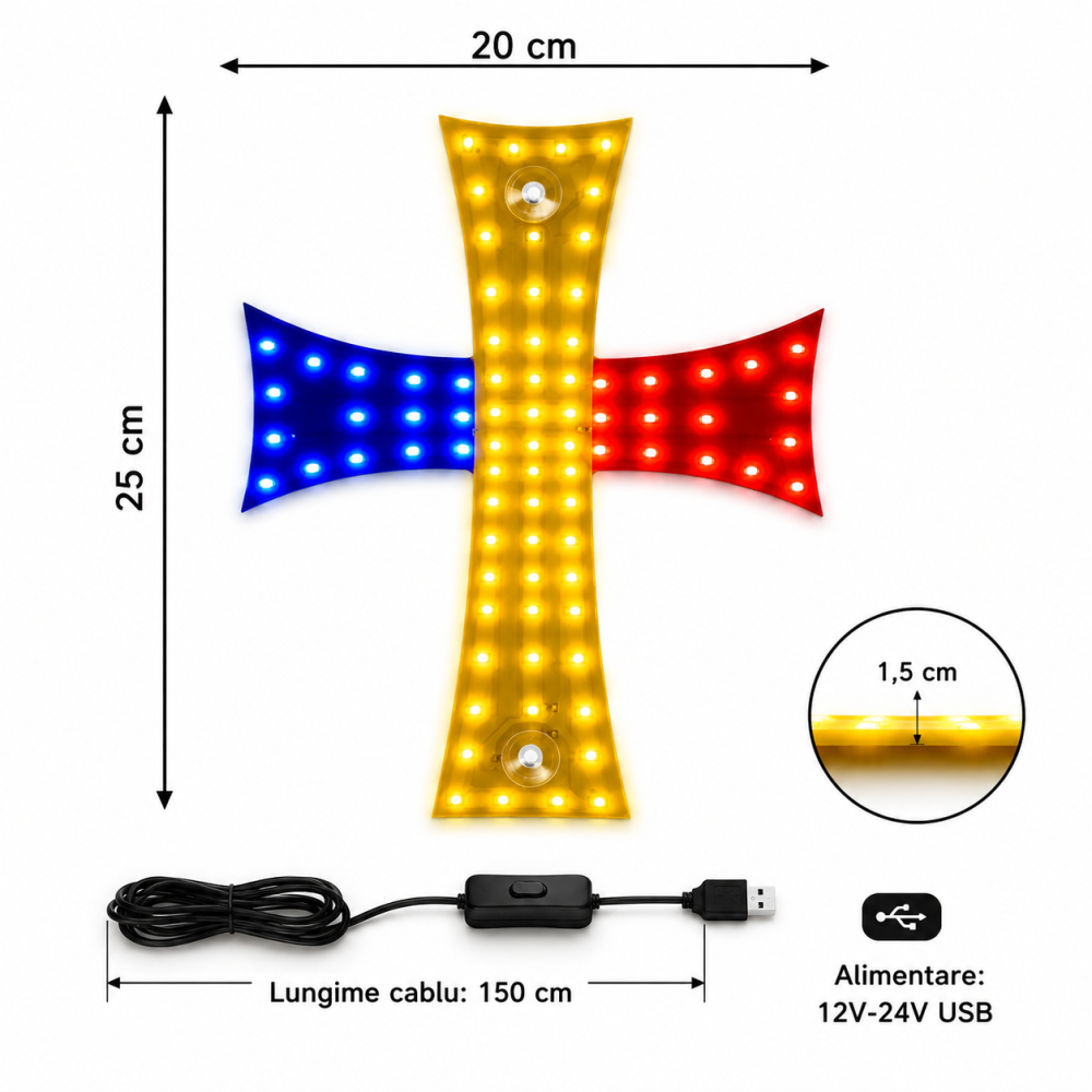 Cruce LED Tricolor România 84 LED, 12V-24V, USB, 25x20 cm [2]