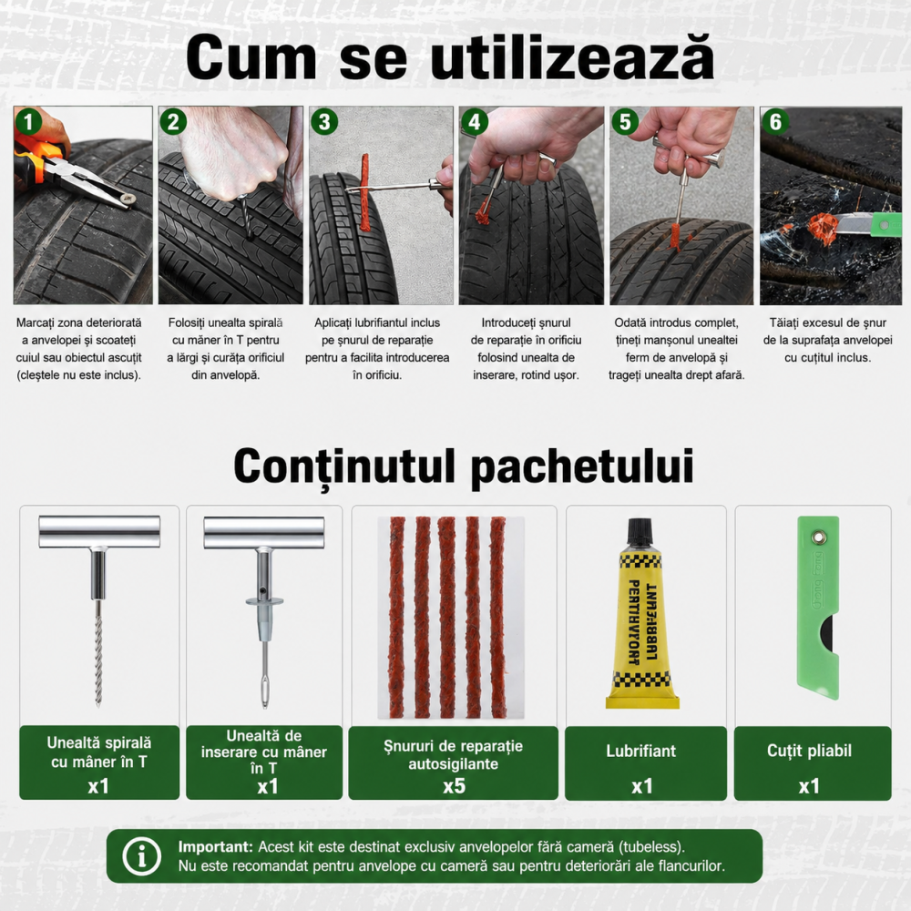 Kit Reparație Anvelope Tubeless 9 Piese pentru Auto Moto SUV [5]