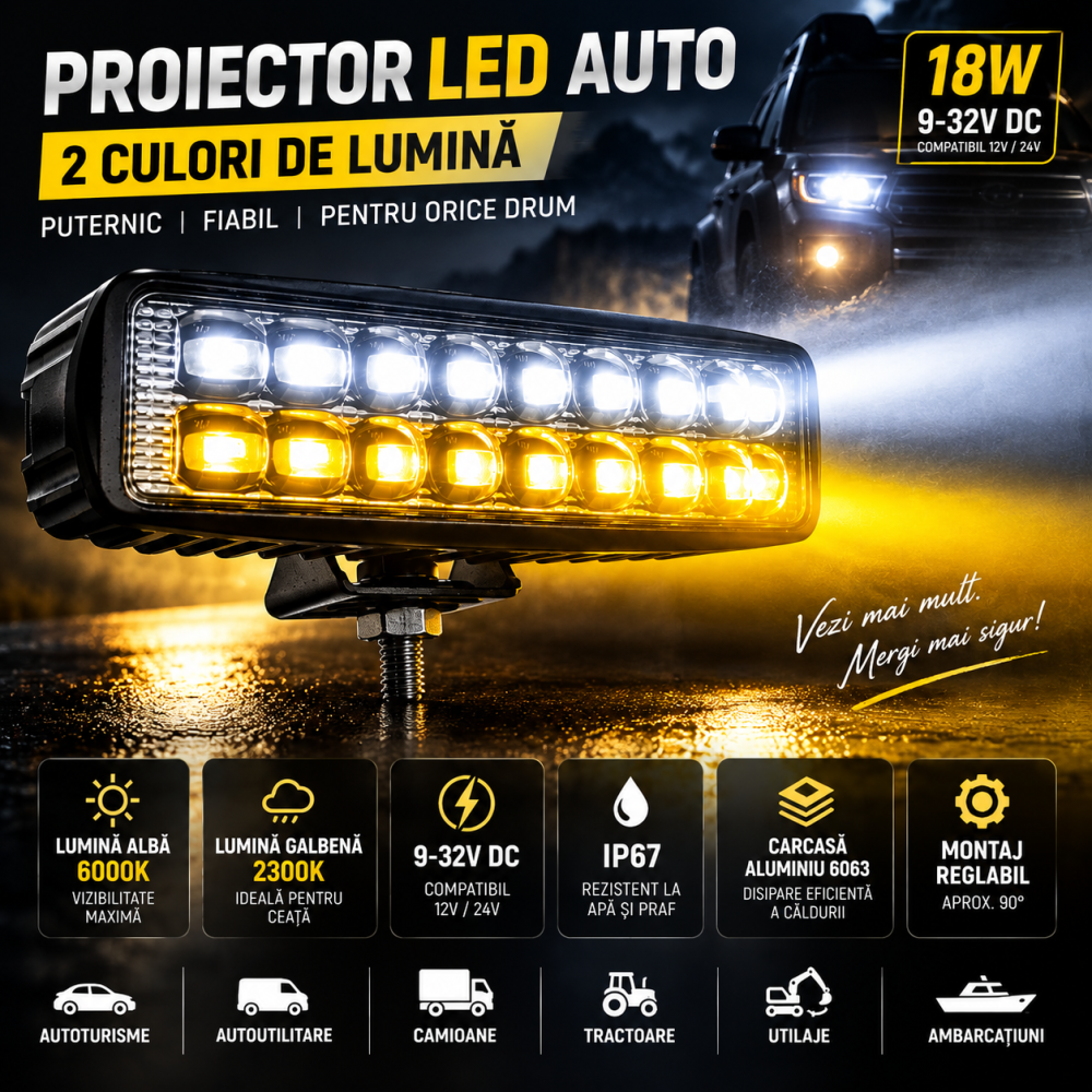Proiector LED Auto 18W 9-32V Alb Galben 6000K 2300K [2]