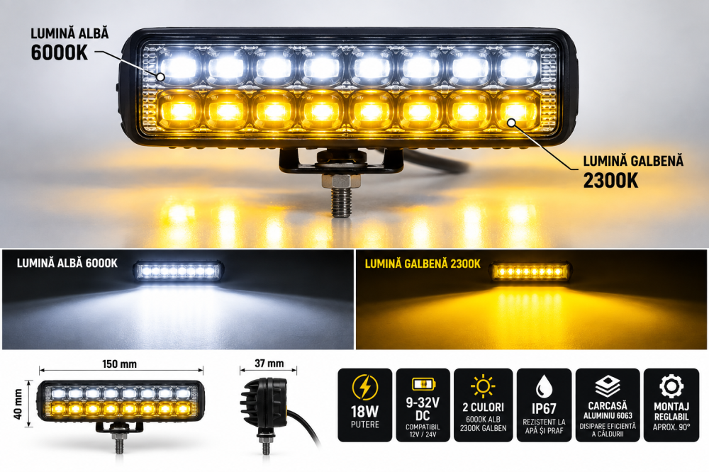 Proiector LED Auto 18W 9-32V Alb Galben 6000K 2300K [5]