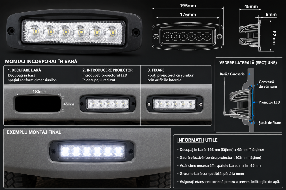 Proiector LED Auto Offroad 18W 12V-24V, 1320 Lumeni, 6000K, Încastrabil [8]