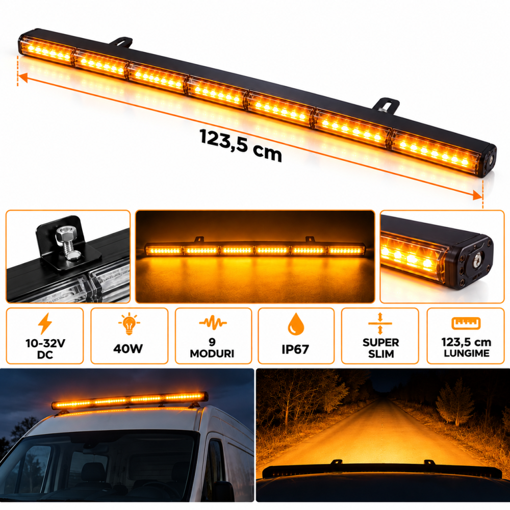 Bară Girofar LED 123,5 cm, 40W, 10-32V, Galben, IP67 [2]