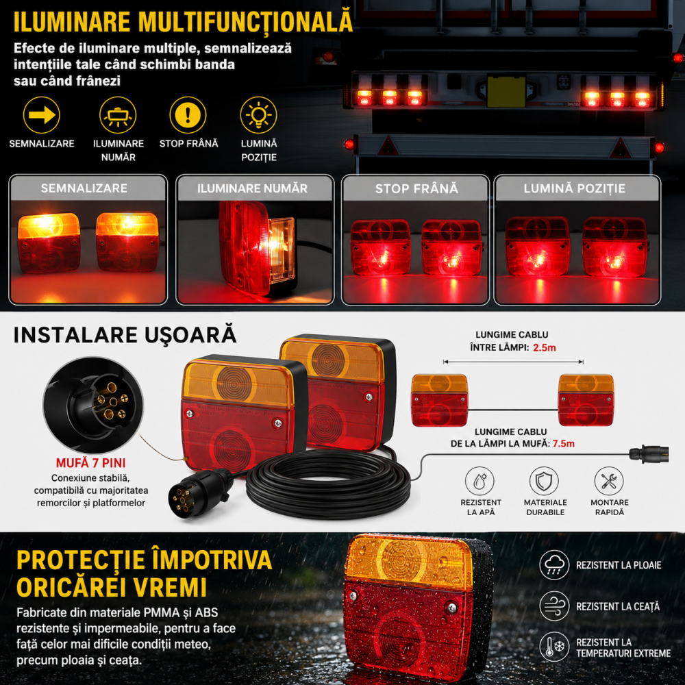 Set Stopuri Remorcă 12V cu Cablu 7.5m și Mufă 7 Pini [2]