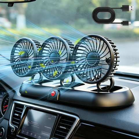 Ventilator Auto Triplu USB 5V cu 3 Trepte de Viteză și Rotire 360°