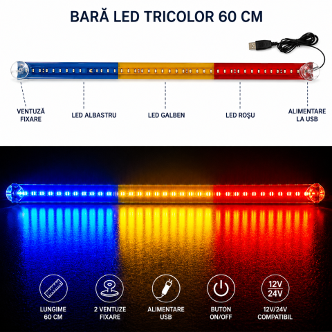 Bară LED Tricolor România 60 cm, 12V/24V, Parbriz, Mufă usb