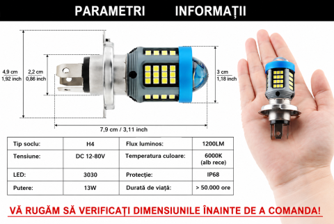 Bec LED H4 Moto ATV cu Lupă 30W 1800LM 6500K 12V Plug & Play [1]