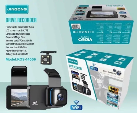 Camera de filmat - Cameră auto DVR WiFi Jingong KOS-14009 față & spate 1296P, ecran 3” LCD, 170°, G-Sensor