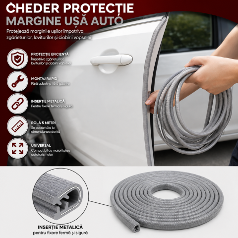 Stergatoare - Cheder Protecție Uși Auto 5M cu Inserție Metalică GRI