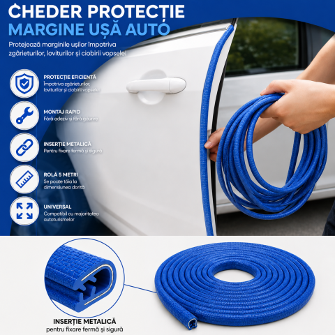 Diverse - Cheder Protecție Uși Auto 5M cu Inserție Metalică Albastru