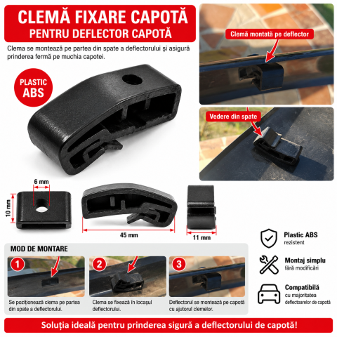 Clema Fixare Deflector Capota Auto din Plastic ABS, 45 mm, Universala [2]