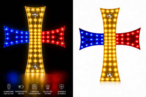 Proiectoare ceață - Cruce LED Tricolor România 84 LED, 12V-24V, USB, 25x20 cm