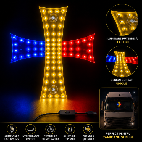 Cruce LED Tricolor România 84 LED, 12V-24V, USB, 25x20 cm [5]