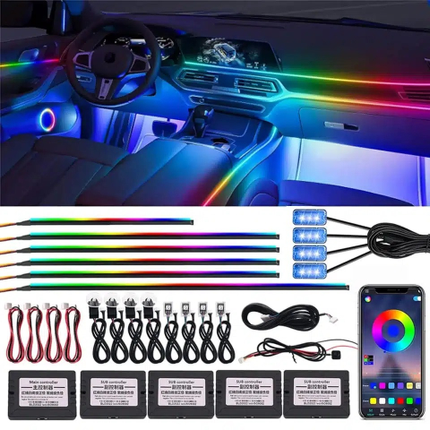 Lumini de zi - Kit Profesional Lumină Ambientală Auto RGB – 18 Module Acrilice cu Control Wireless și App Control