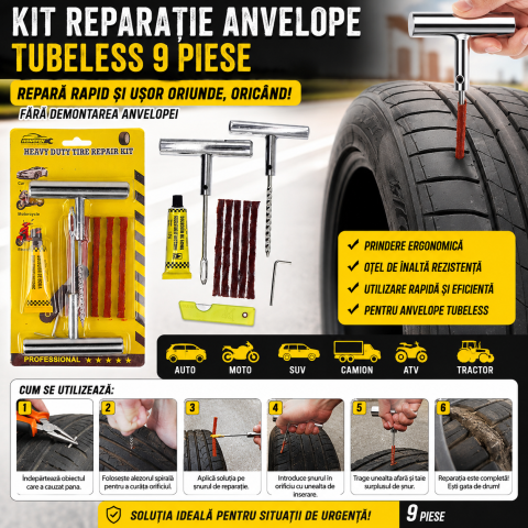 Kit Reparație Anvelope Tubeless 9 Piese pentru Auto Moto SUV [1]