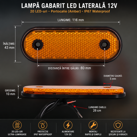 Lampă Gabarit LED Laterală 12V Portocalie 20 LED IP67 Camion Remorcă [7]