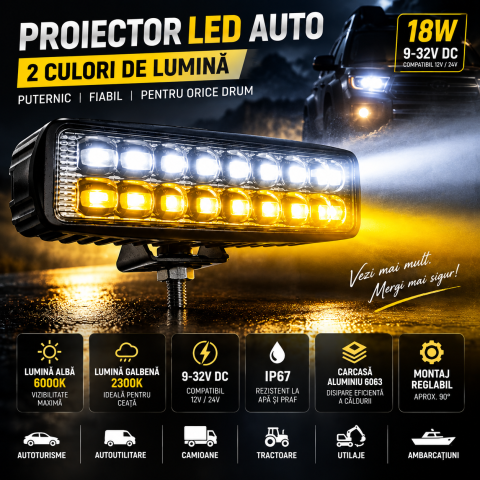 Proiector LED Auto 18W 9-32V Alb Galben 6000K 2300K [1]