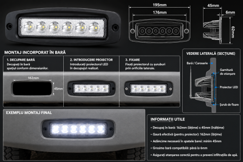 Proiector LED Auto Offroad 18W 12V-24V, 1320 Lumeni, 6000K, Încastrabil [7]