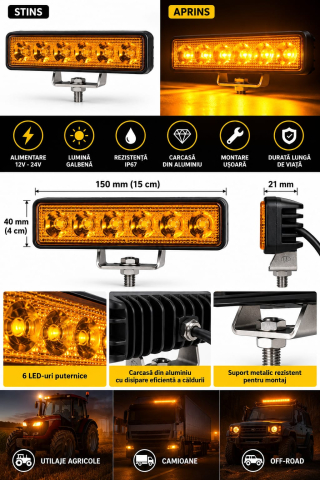 Proiectoare ceață - Proiector LED Galben 2800k 12-24V, 6 LED, 15x4 cm,