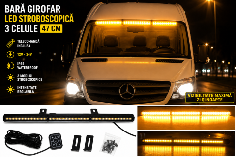 Bară Girofar LED 47cm 3 Celule 12V 24V cu Telecomandă