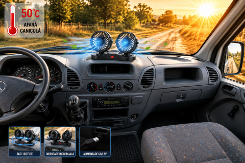Ventilator - Ventilator Auto Dublu USB 5V Rotire 360° 3 Trepte Viteză