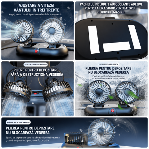 Ventilator Auto Dublu USB 5V Rotire 360° 3 Trepte Viteză [3]