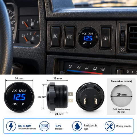 Alarme auto - Voltmetru Digital Auto LED 8-48V 12V 24V, Albastru
