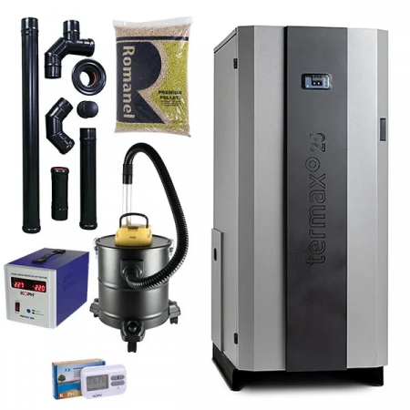 Cazane pe Peleti - centrala pe peleti Termax 25kw - pachet complet cu kit evacuare, stabilizator tensiune, termostat de camera