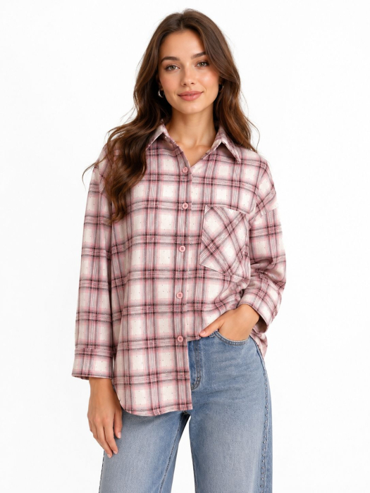 Cămașă damă tip jachetă în carouri – overshirt bumbac, mărime unică [4]