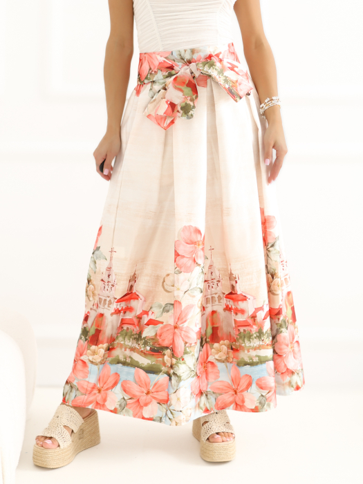 Fustă midi crem cu imprimeu floral și buzunare | UFashion [4]