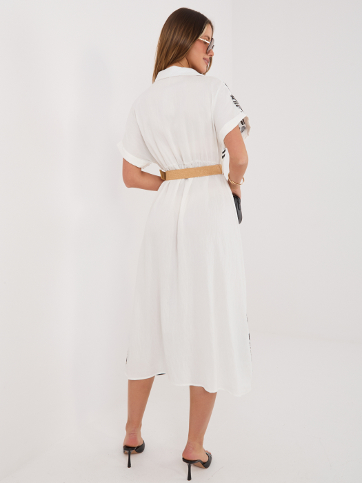Rochie midi ecru cu broderie neagră și curea în talie | UFashion [5]