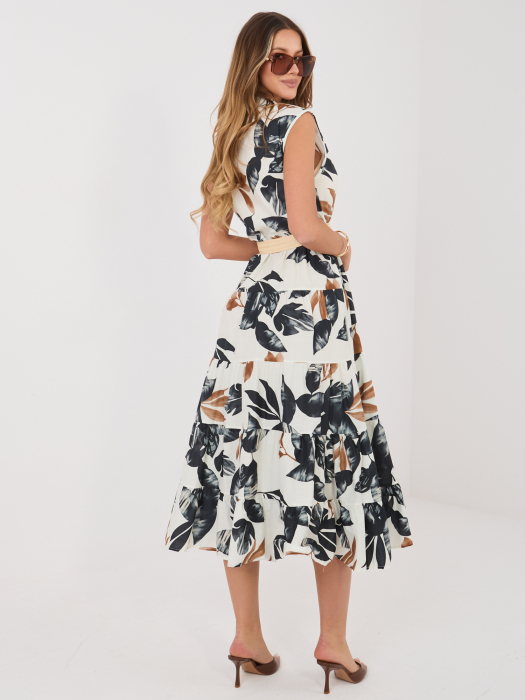 Rochie midi albă cu imprimeu tropical și curea în talie | UFashion [5]