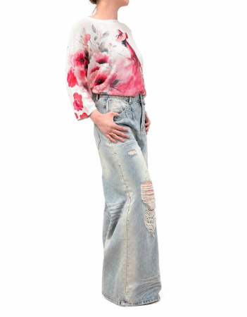 Pantaloni - Blugi wide leg cu rupturi si aplicatii metalice