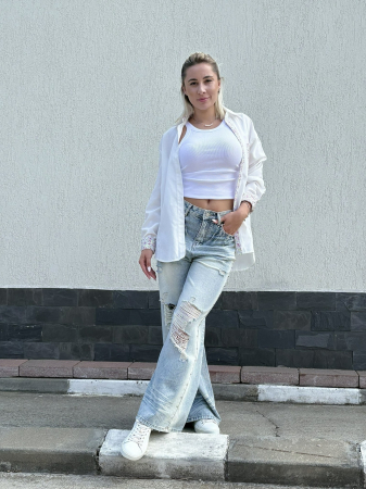 Pantaloni & Blugi - Blugi wide leg cu rupturi si aplicatii metalice