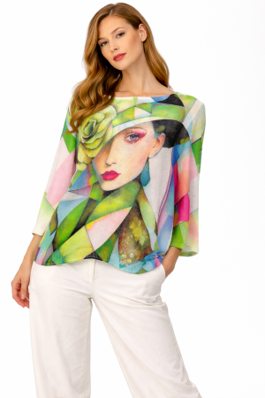 Bluze/Cămăși - Bluză damă cu imprimeu artistic verde – design modern statement