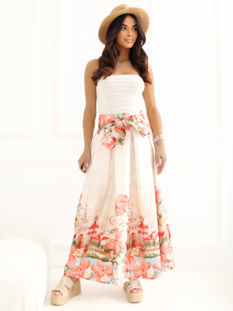 Fuste - Fustă midi crem cu imprimeu floral și buzunare | UFashion