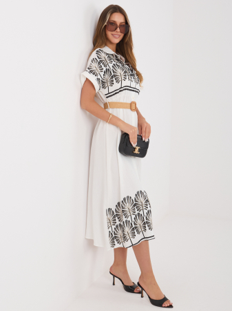 Rochie midi ecru cu broderie neagră și curea în talie | UFashion [1]