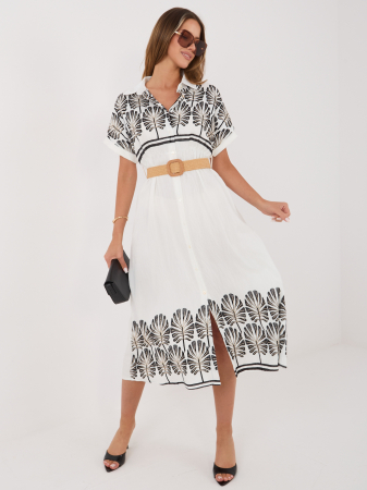 Rochie midi ecru cu broderie neagră și curea în talie | UFashion [2]