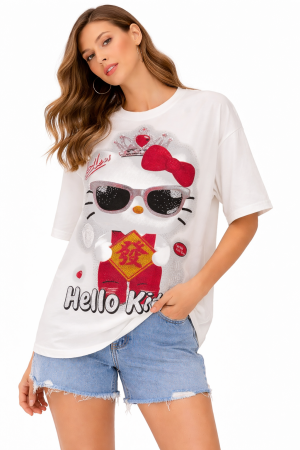Bluze/Cămăși - Tricou damă Hello Kitty oversize – bumbac 100%, mărime universală