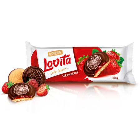 Biscuiți - Biscuiți Roshen Biscuiti LOVITA cu ciocolata si jeleu de capsuni  135 gr Mica