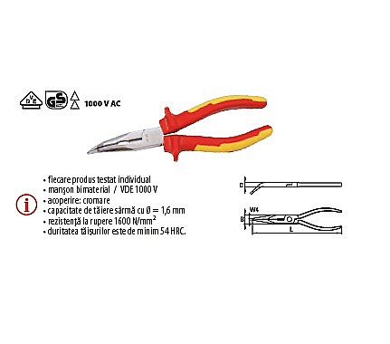 Patenti,clesti - Cleşte BT cu vârf semirotund îndoit şi tăiş, manşon VDE 1000 V 200