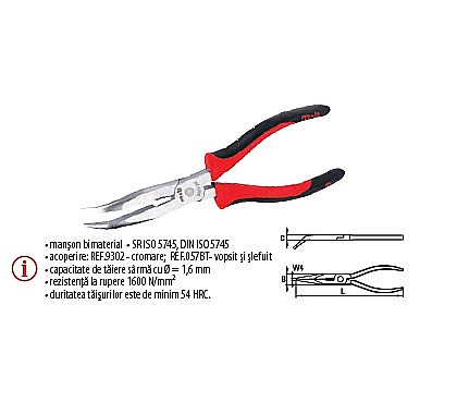 Patenti,clesti - Cleşti BT cu vârf semirotund îndoit şi tăiş, manşon bimaterial 200