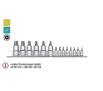 Truse de scule manuale - Set 14 capete tubulare cu bituri Tamper Torx 1/4”- 1/2”