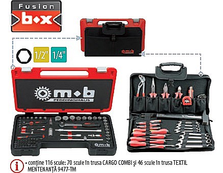 Truse scule generale - Trusă scule manuale Fusion Box COMBI-MTEX conţine 116 scule: 70 scule în trusa CARGO COMBI şi 46 scule în trusa TEXTIL MENTENANŢĂ