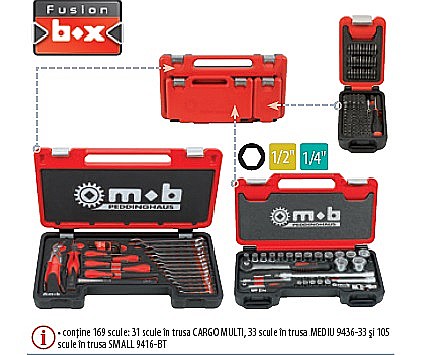 Truse scule generale - Trusă scule manuale Fusion Box SENIOR conţine 169 scule: 31 scule în trusa CARGO MULTI, 33 scule în trusa MEDIU şi 105 scule în trusa SMALL