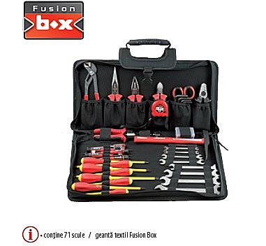 Truse de scule manuale - Trusă electrician Fusion Box TEXTIL ELECTRICIAN conţine 71 scule / geantă textil Fusion Box