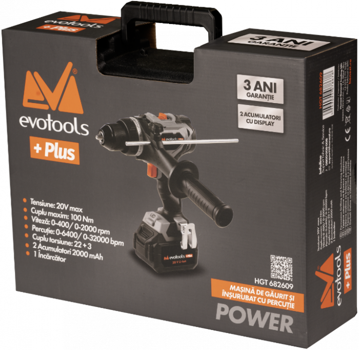 Masina de Gaurit si Insurubat Brushless cu Percutie cu 2 Acumulatori si Incarcator MAX 20V POWER Evotools Plus [5]