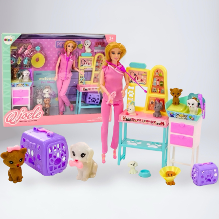 Jucării Educaționale & Interactive - Set Păpuși cu Accesorii – Profesora și Medic Veterinar, Jucărie pentru Copii