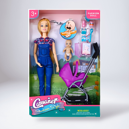 Jocuri, Plusuri & Distracție - Set păpușă blondă cu bebeluș și cărucior pentru copii