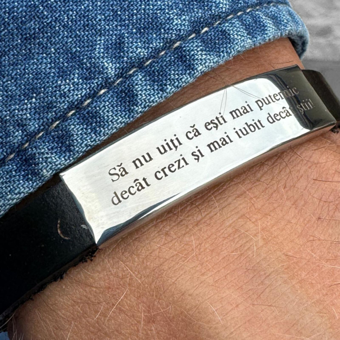 Brățară Bărbați cu Plăcuță Personalizată Inox, Piele Naturală Neagră 10mm [1]